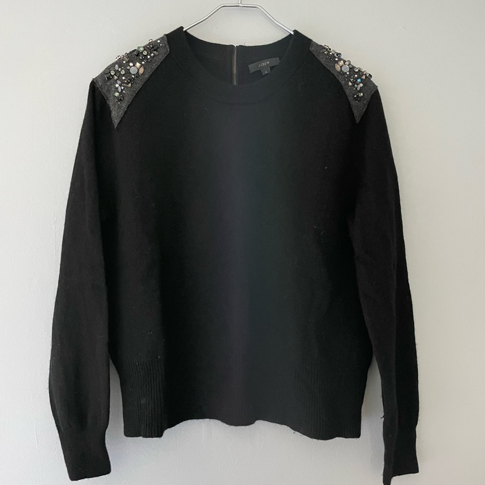 J.Crew Zipper Back Jeweled Shoulder Sweater Wool XL